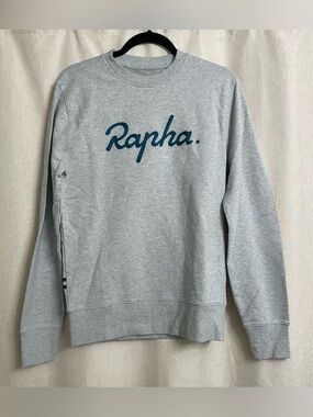 Rapha Logo Crewneck Sweatshirt Gray Blue Script Pullover Size S Cycling Luxe